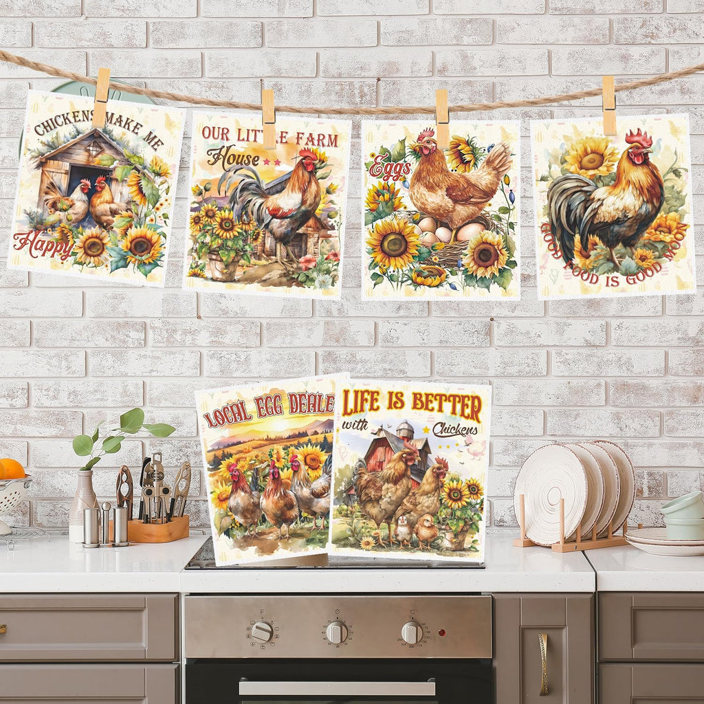 Swedish Dishcloths for Kitchen, 6 Pack Farm Reusable Paper Towels Housewarming Gifts for Women, Chicken Rooster Absorbent Dish Rags for Washing Dishes