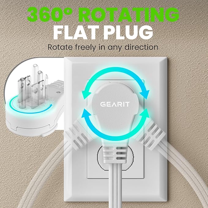 GEARit 360 Rotating Flat Plug Extension Cord (6ft, White) Multi 3-Outlet Extension 16 AWG Wire, Adapter for Small Spaces, Right Angle Socket, ETL Certified - 6 Feet