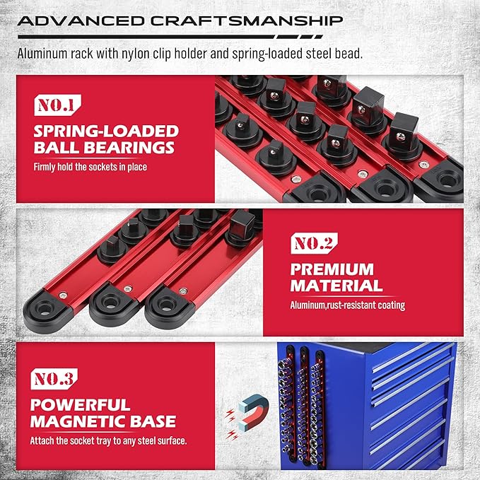 Magnetic Socket Holder Organizer Set: 3/8 Detachable Socket Trays Socket Organizer for Tool Box Drawer Holds 14-Piece Standard Size Sockets for Automotive Mechanic Garage(Red)