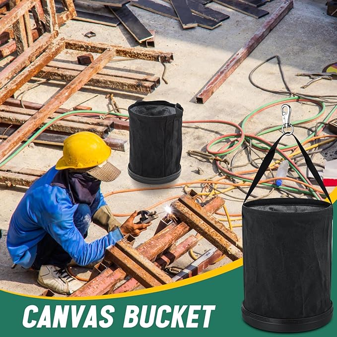 1 Pack Utility Canvas Tool Bucket 15 x 12 All Purpose Canvas Bucket Bag, Truck Tool Organizer with Plastic Bottom Metal Hook for Store Work Accessory, Load Capacity up to 150 Lbs (Black)