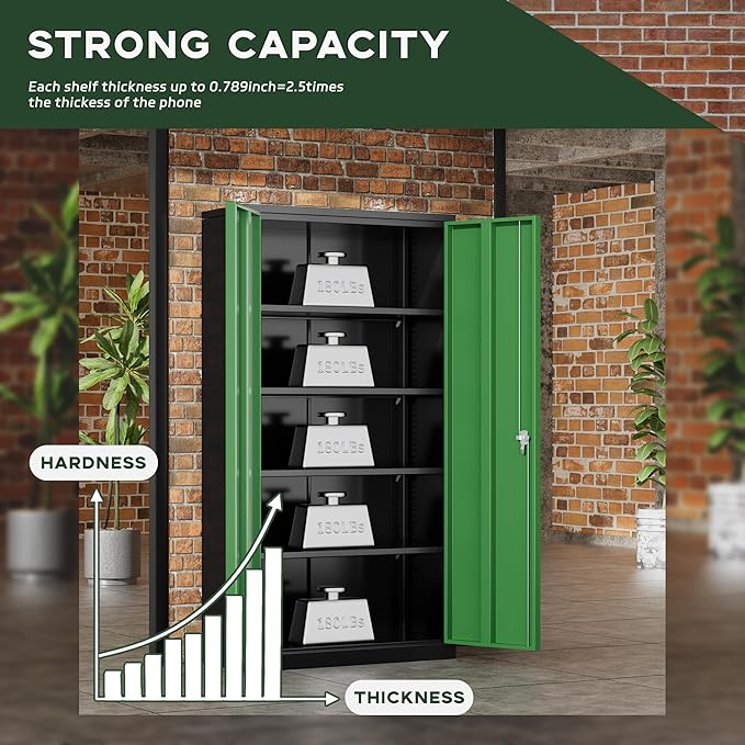Greenvelly Metal Garage Storage Cabinet, 72" Black Green Tool Steel Locking Cabinet with Doors and 4 Shelves, Tall Cabinets for Garage Storage Systems Lockable File Cabinet for Home Office,Garage