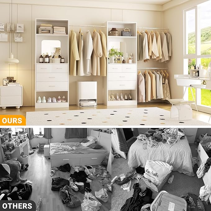 Unikito Closet Systems, 6-14FT Walk in Closet Organizer with 8 Drawers and Mirror, 168" Large Wood Closets Insert with Tower, Sturdy Wardrobe Closets Garment Rack with Extendable Hanging Rods, White