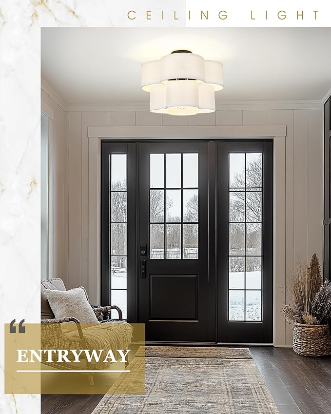 Black Semi Flush Mount Ceiling Lights, 5-Light 18" Ceiling Light Fixtures with Double Fabric Shade in Quatrefoil Shape, Drum Light for Nursery Bedroom, AD-22007-5SF-BK