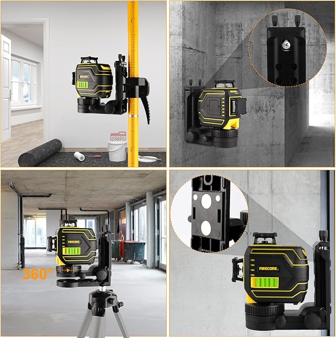 Laser Level Pole, Firecore Upgraded 12 ft. Telescoping Laser Pole with Tripod and Multifunctional Mounting Clamp, Adjustable Bracket with 1/4"-20 Laser Mount for Rotary and Line Laser Level- FLP370CX