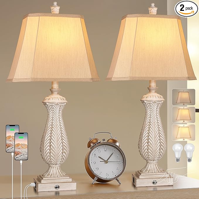 3-Way Dimmable Table Lamps for Bedrooms Set of 2, Light Wood Mermaid Bedside Lamp for Nightstand, 30" H Touch Lamps for Living Room with USB & Type-C Ports, Resin Farmhouse Rustic Lamp with 2 Bulb