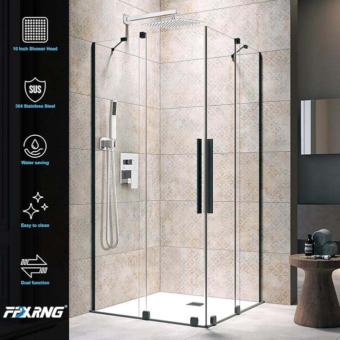 Shower Faucet Set Bathroom Square Rain Shower Head and Handle Set, Wall Mounted Shower Fixtures, Full Metal Trim Repair Kit 10 inch Polished Chrome (With Shower Valve)
