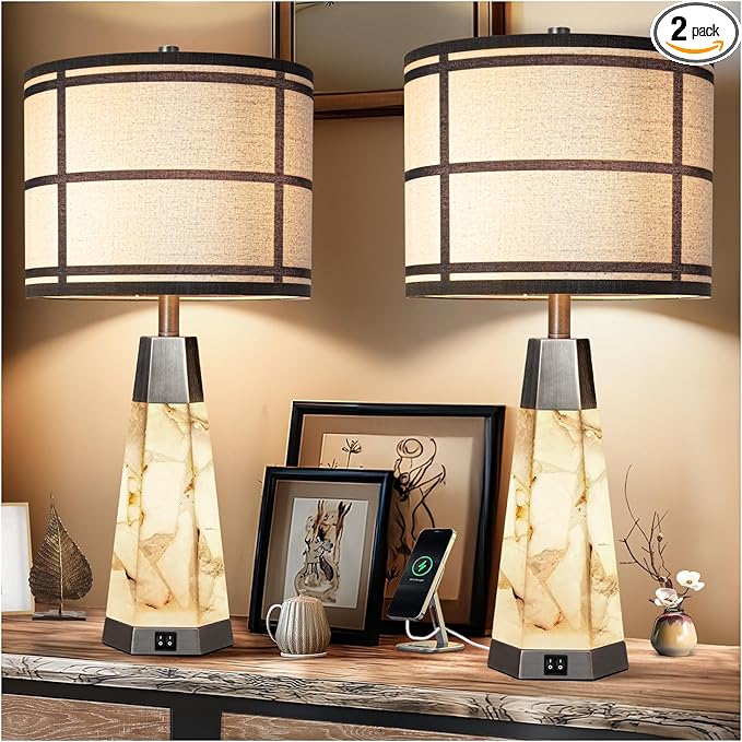 27" Natural Alabaster Table Lamps for Living Room, Bedroom Lamps Set of 2 with Night Light, Living Room Lamps with USB A+C Ports, Table Lamp with Linen Shade for Bedside (Bulbs Included)