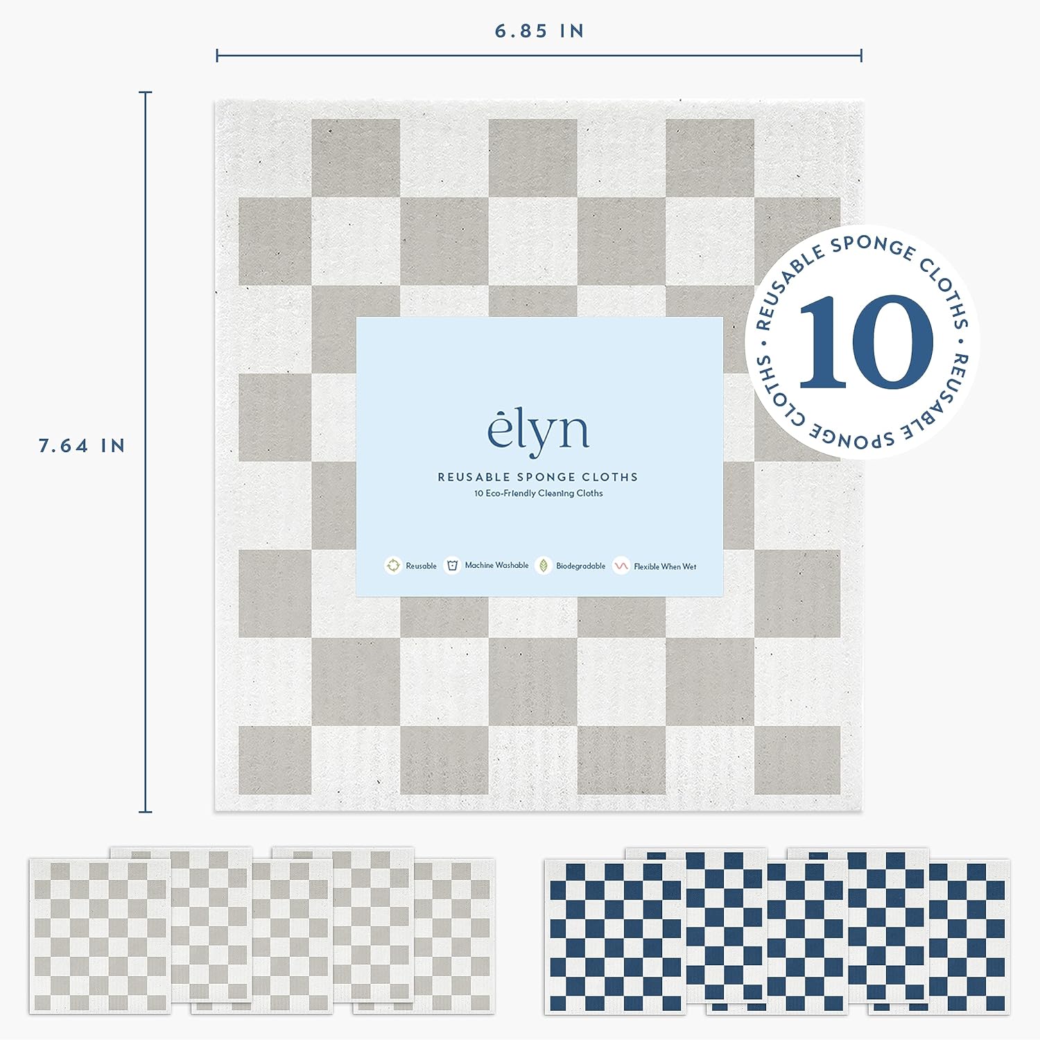 ELYN Swedish Dishcloths, Reusable & Washable Sponge Cloths, Absorbent Cleaning Paper Towels for Kitchen, Dishes, Counters and More, 10 Pack, Grey & Navy Pattern