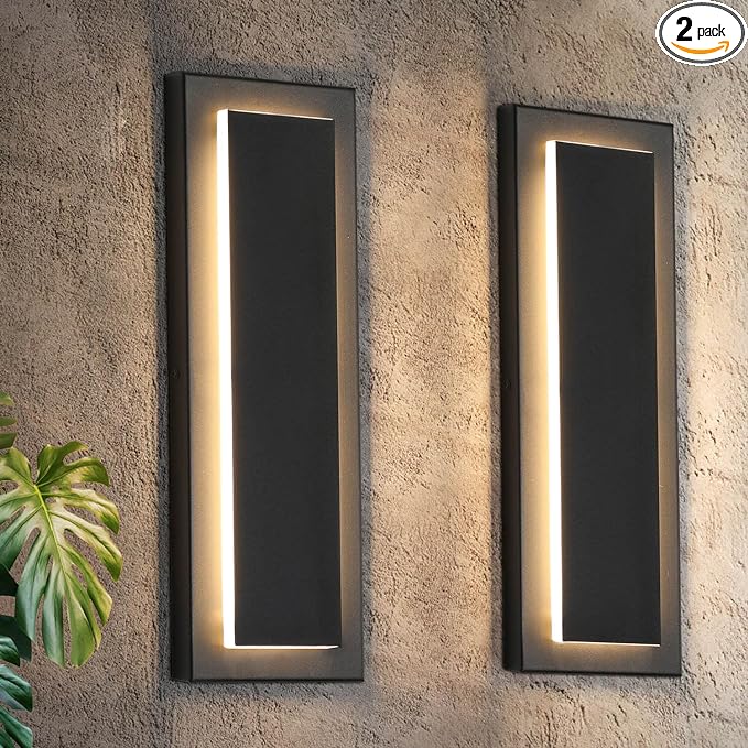 tewei 2 Pack Modern LED Outdoor Wall Lights, Black Exterior Wall Sconce & Indoor Wall Sconce Lighting Fixtures, 15.7'' Large Front Door Lights for Entrance, Hallway, 360° Beam Angle, Warm White 3000K