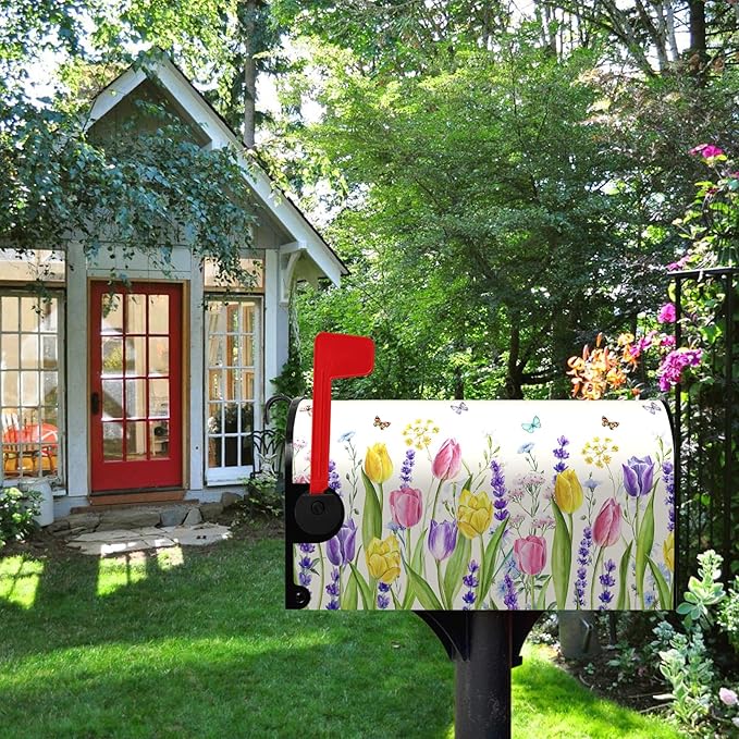 Spring Tulip Floral Mailbox Covers Magnetic Standard Size 18 X 21 Inch Summer Spring Flower Butterfly Mailbox Cover Post Box Cover Wraps for Home Yard Decorations