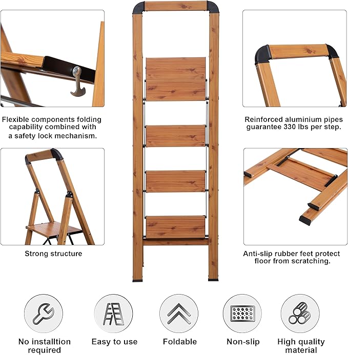 Step Ladders 3-Step Woodgrain Finish Aluminum Folding Step Stool Wide Pedal,Anti-Slip Portable Sturdy for Home & Kitchen Office 330 lbs
