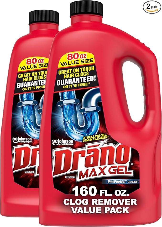 Drano Max Gel Drain Clog Remover and Cleaner for Shower or Sink Drains, Unclogs and Removes Hair, Soap Scum and Blockages, 80 Oz, Pack of 2
