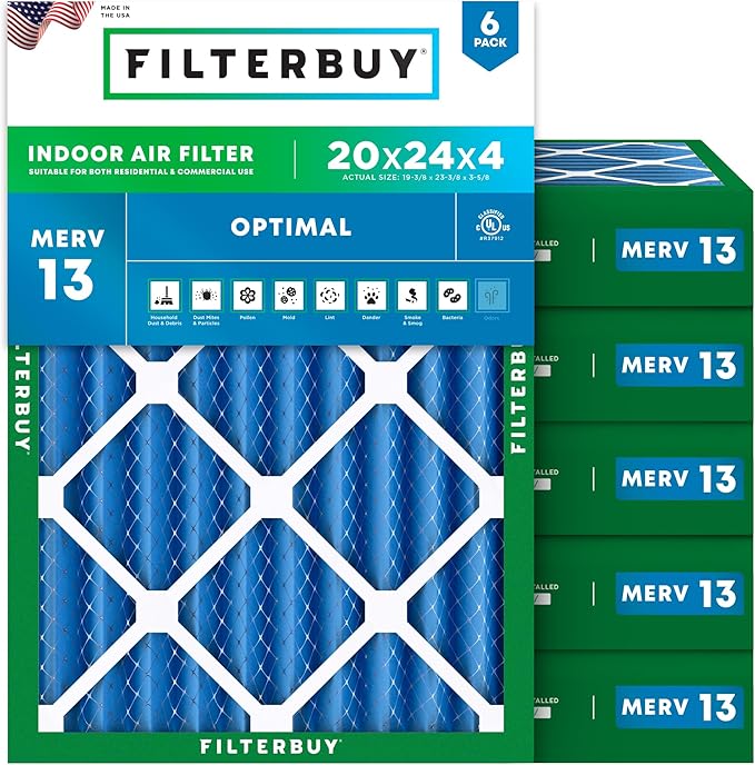 Filterbuy 20x24x4 Air Filter MERV 13 (MPR 1900) Health Defense Replacement (6-Pack), Electrostatic Pleated HVAC AC Furnace Filters, Made in USA (Actual Size: 19.38 x 23.38 x 3.63)