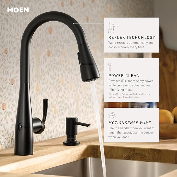 Moen Essie Matte Black MotionSense Wave One-Handle Touchless Kitchen Faucet with Pulldown Sprayer and Soap Dispenser, 87014EWBL