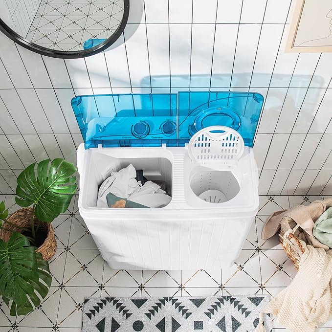 LDAILY Portable Washing Machine, 26 lbs Capacity Twin Tub Washer and Spin Dryer, Semi-automatic Laundry Washer with Built-in Drain Pump, Portable Washer and Dryer for Apartment, Dorm & RV