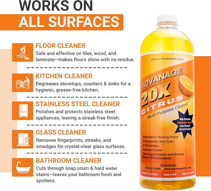 All Purpose Cleaner Concentrate - Advanage 20X The Wonder Cleaner Citrus for All Surfaces Around Bathroom, Kitchen, Oil and Grease | Multi Purpose Cleaner for Household Cleaning Solution | 32 Fl Oz