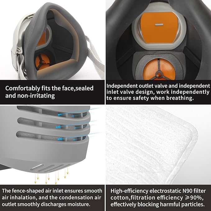 RANKSING Respirator Mask with Filters to Against Dust Gases Fumes Asbestos Organic Vapors Chemicals while Painting Spraying Sanding Welding Construct and Work Portable Protection PPE