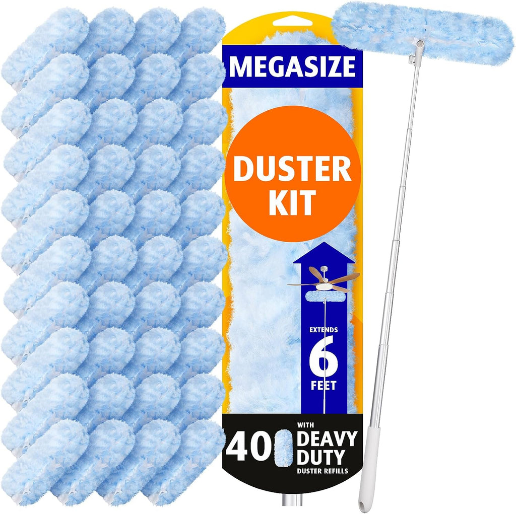 6ft Extendable Duster Handle with 40 Pcs, Compatible with Swiffer Duster, Disposable Microfiber Dusting Pads for Home Cleaning, Ceiling, Fan, Window, Hard-to-Reach Areas