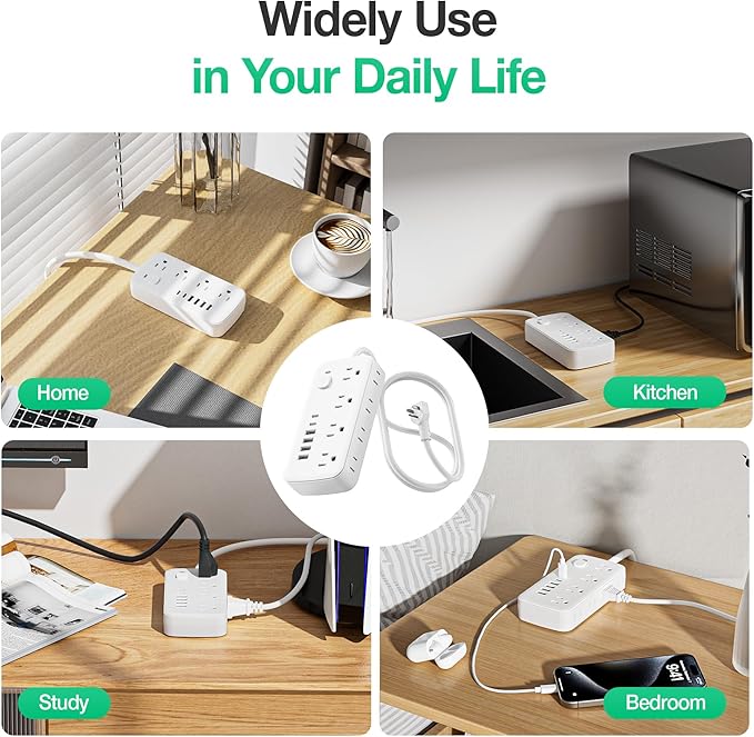 Surge Protector Power Strip - 8 AC Outlets & 6 USB Ports (4A/2C), 1080J Extension Cord with Multiple Outlets, 2-Sided Outlet Extender, 10FT Extension Cord, Wall Mount for Travel, Dorm Room