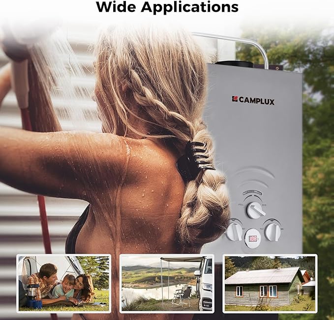 CAMPLUX Portable Water Heater 1.58 GPM, BW158G Propane Water Heater Outdoor, 41,000 BTU, Camping Shower, Easy to Install, Gray