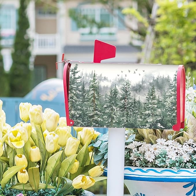 Winter Watercolor Tree Mailbox Covers Magnetic Christmas Green Pine Tree Forest Mail Box Post Letter Box Cover Standard Size 25.5x21 Inch for Xmas Holiday Outdoor Garden Yard Decor