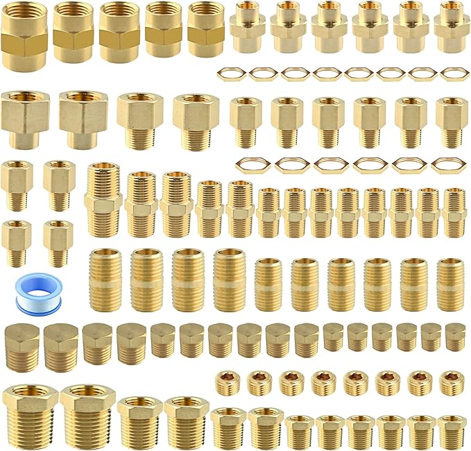 102PCS Brass Pipe Fittings Assortment Kit NPT Adapter, Hex Nipple, Reducer Bushing, Coupling, Reducer Busing, Close Nipple, Hex Head Plug, BulkHead Nut & Countersunk Plug NPT Fittings Kits