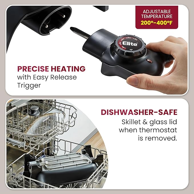 Elite Gourmet EG6203 Extra Deep 16"x13"x3.2" (10.5Qt.) Scratch Resistant, Easy Pour Spout, Dishwasher Safe, Non-stick Electric Skillet with Vented Glass Lid, Adjustable Temperature, Black