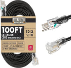 Heavy Duty Extension Cord 100 Ft, 12 Gauge Long Outdoor Extension Cord with 3 Prongs, SJTW Weatherproof Black 12/3, 15 AMP, Great for Major Appliances - Lighted Ends