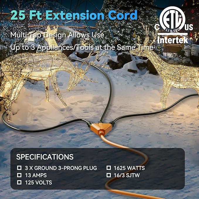 K KASONIC - 25 Ft Extension Cord with 3 Outlets, UL Listed 16/3 SJTW, 3-Wire Grounded, 13A 125V 1625W for Indoor/Outdoor Use - Orange