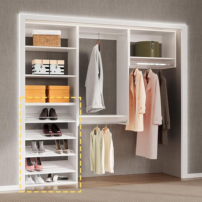 Shoe Shelf Short Tower Closet Unit, Modular Closet System, Wood Closet System Organizer with Storage for Walk In Closets, Clothing Rack for Hanging Clothes, Bedroom, White, 25.5"W