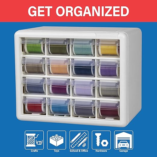 Akro-Mils 16-Drawer Plastic Drawer Storage Cabinet for Garage Organization, Beads, Makeup Organizer, Building Bricks Storage, Teacher Toolbox, 10-1/2" W x 6-1/2" D x 8-1/2" H, 10116 White