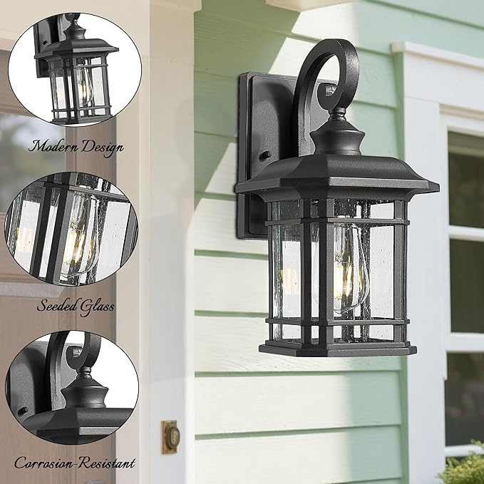 ALLGOT Exterior Wall Sconce, Outdoor Waterproof Wall Mount Light Fixture, Anti-Rust Matte Black Finish Outdoor Lighting Fixture with Seeded Glass Lampshade (Black, 12.48 Inch Height)
