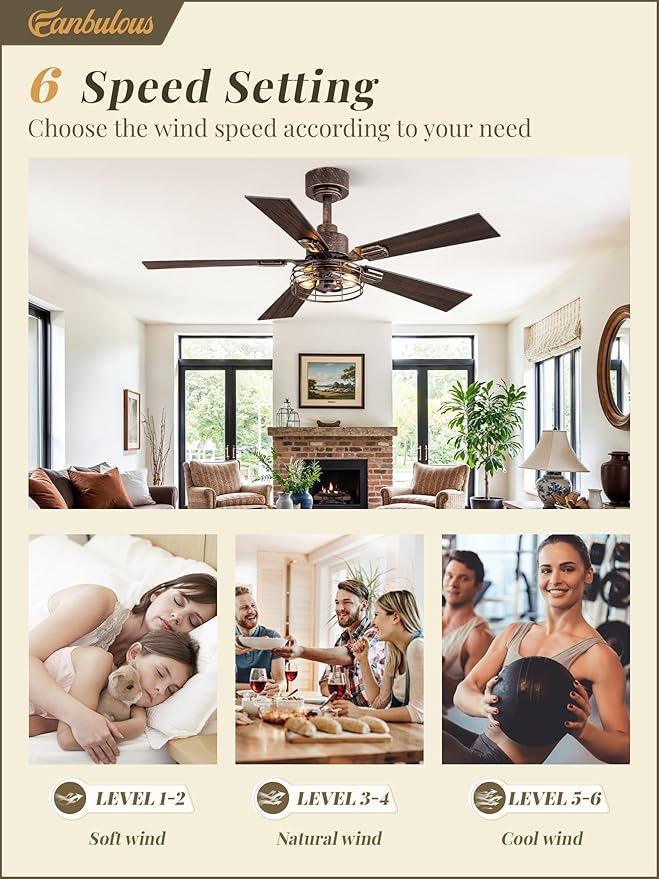 1 Pack Farmhouse 42 Inch Ceiling Fans with Lights, Industrial Caged Ceiling Fans for Bedroom Living Room, Double-Sided 5 Blades Rustic Ceiling Fan-Black Gold