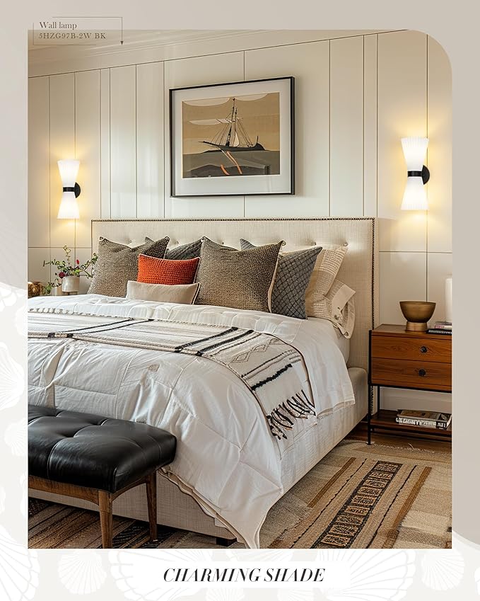 Black Wall Sconces Set of Two, HWH Modern Wall Light Fixtures Indoor Wall Lamp Up and Down, Matte Black Finish with Frosted Milk White Striped Glass Shade, 5HZG97B-2W-2PK BK