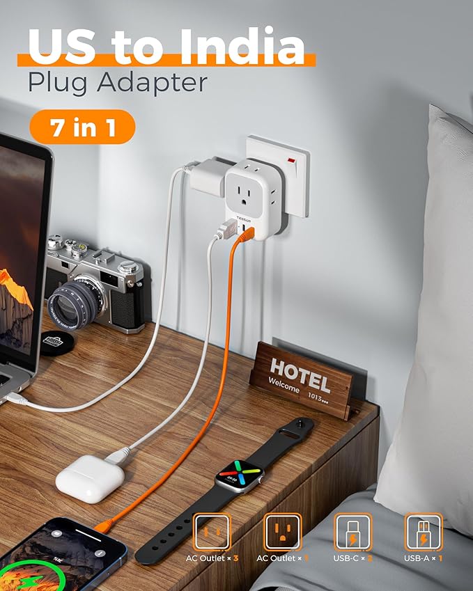US to India Plug Adapter, TESSAN Type D Travel Adapter with 4 Outlets 3 USB (2 USB-C), Power Adaptor for USA to India Nepal Maldives Pakistan Bangladesh Sri Lanka Bhutan Yemen