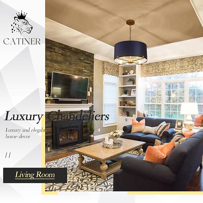 Drum Chandelier,18” Blue and Gold Round Ceiling Pendant Light Fixture Velvet Fabric Shade 4 Lights Modern Semi Flush Mount Hanging Chandelier for Dining Room Foyer Hallway