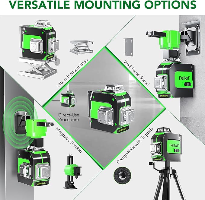 Laser Level, 3x360° Self Leveling Green Cross Line Laser for Construction and Picture Hanging with Rechargeable battery, Remote Controller, Magnetic Rotating Stand