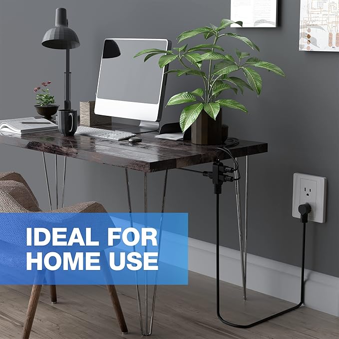 3 Prong Power Extension Cord with Multiple Outlets 4 FT, 16/3 Gauge Multi 3 Outlet Wire, 90 Degree Angled Male Plug, 16 AWG Grounded Wire (13A 125V 1625W), ETL Listed, Black Cable with 25 Cable Ties