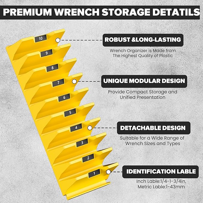 40PCS Modular Wrench Organizer Wrench Holder - Wrench Tool Organizers for Tool Drawer Storage, Wrench Storage Set with Metric & SAE Label, Wrench Rack Tool Gift for Professional Mechanics, Yellow