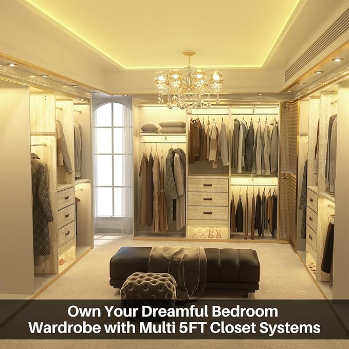 Armocity 5FT Small Closet System with 3 Fabric Drawers, 60'' Walk In Closet Organizer System With 3 Adjustable Shelves, Heavy Duty Clothes Rack Built-In Garment Rack, 59" L x 16" W x 71"H, White Oak