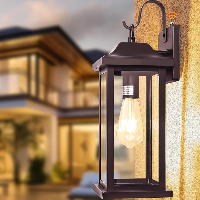 Dusk to Dawn Outdoor Lighting for House 17 Inch Large 1-Pack, Oil Rubbed Bronze Exterior Light Fixture for Front Porch Light with Clear Tempered Glass Waterproof Outside Wall Mounted Lamp