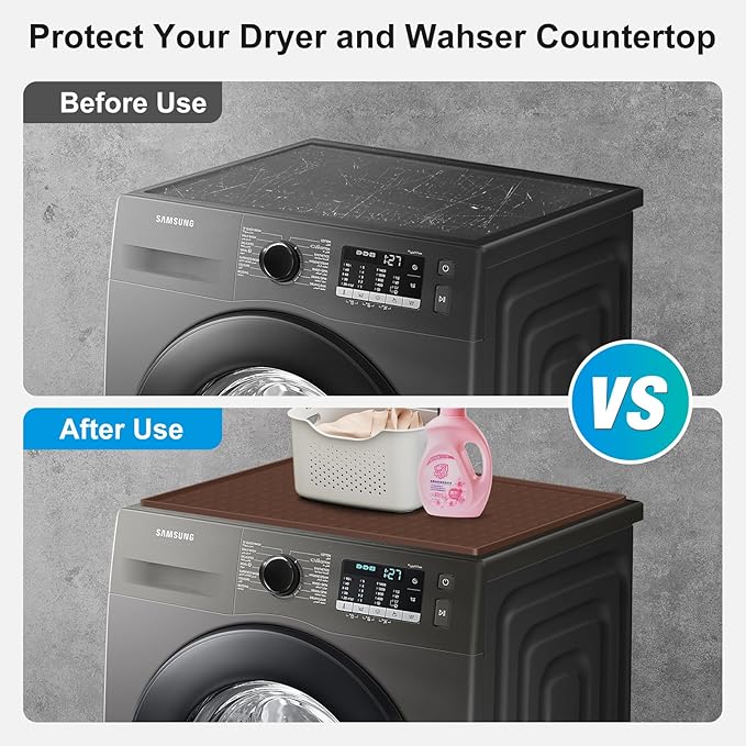 Washer and Dryer Covers for the Top,23.6'' x 19.7'' Silicone Dust Pad for Laudry Machine & Dryer,Non-slip Heavy Duty Waterproof Counter Top Protector Guards for Landry & Kitchen,Brown