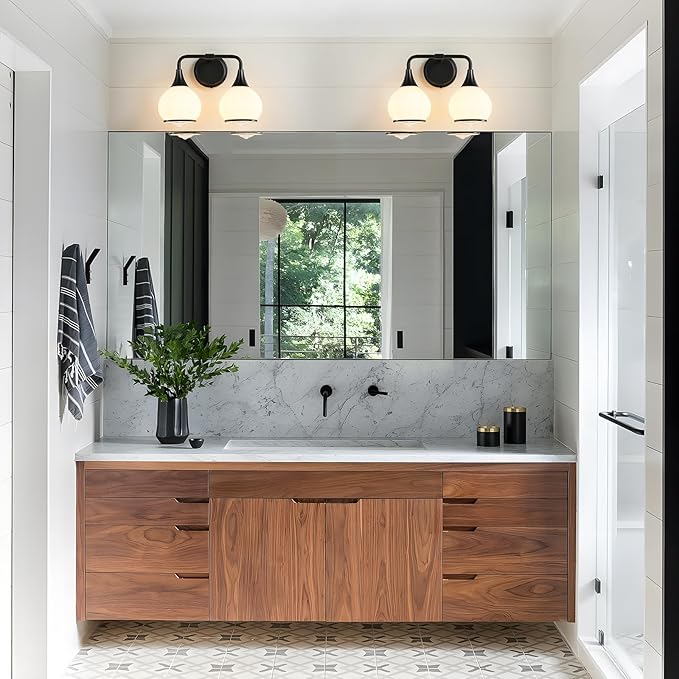 Black Bathroom Light Fixtures 2 Lights Vanity Lights with Milky White Frosted Glass Shade Bathroom Vanity Light 14 inch Wall Sconce Lighting Bath(Exclude E26 Bulb)