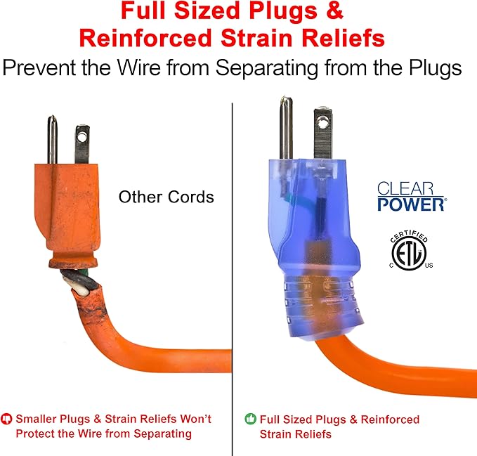 Clear Power Indoor/Outdoor Extension Cord, 25 Ft, Orange, 16AWG, 13A, SJTW [ETL Listed] 3 Prong Grounded Plug, 16/3, Water & Weather Resistant, Flame Retardant w/Power Indicator Light (CP11116)