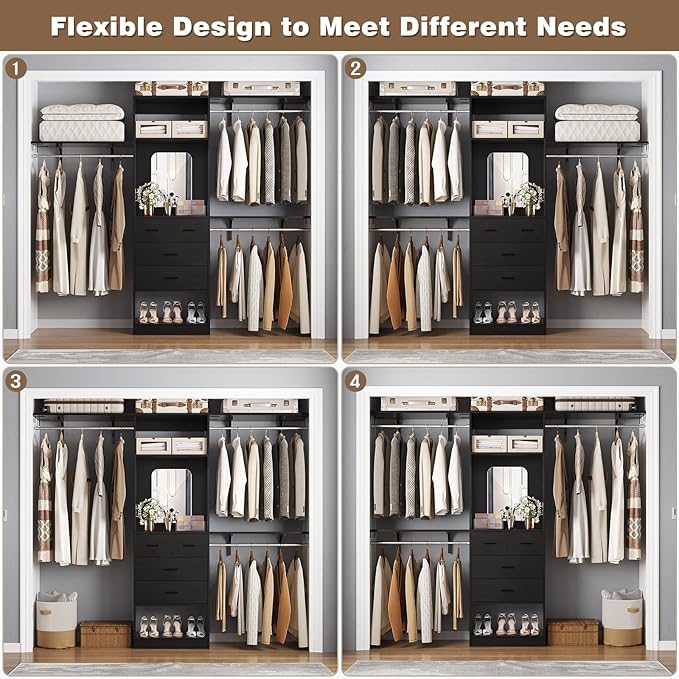 Unikito 8FT Closet System with 4 Drawers, 96" Wood Closet Organizer with Mirror and Hanging Rods, Sturdy Walk in Wardrobe Closet Insert with Tower, 96" W x 16" D x 80" H (Can Be Cut To Fit), Black