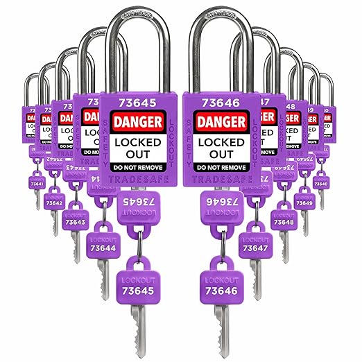 TRADESAFE Lockout Tagout Locks Set - 10 Purple Loto Locks, Lockout Locks Keyed Different, 2 Keys Per Lock, OSHA Compliant Lock Out Tag Out Padlocks, Safety Padlocks for Electrical Lockout Tag Out Kits