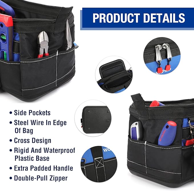 WORKPRO 16-inch Wide Mouth Tool Bag with Water Proof Molded Base