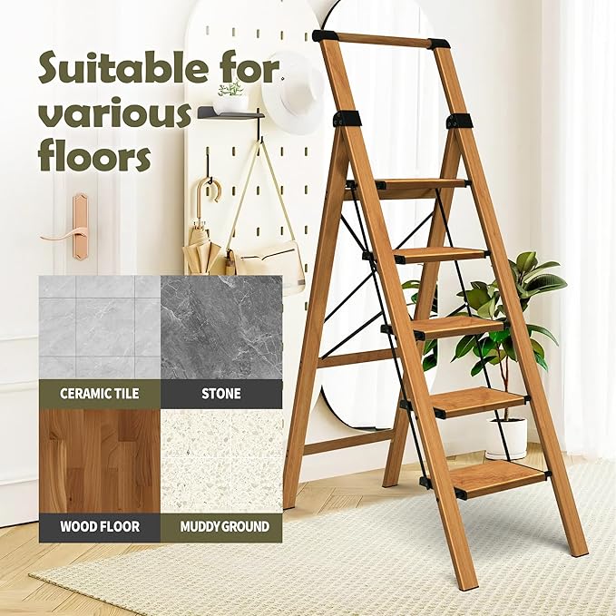 Taranta 5 Step Ladder, Portable Folding Ladder with Wide Pedal, Lightweight Aluminum Step Stool with Convenient Handgrip, 330 lbs Capacity Stepladder for Home, Office - Woodgrain