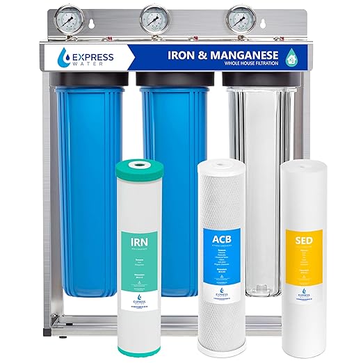 Express Water Whole House Water Filter System | IRON & MANGANESE | 3 Stage Full Home Filtration, Top-Tier Filters Removes Stains/Color on Glass-Ware, Fixtures, Laundry, Signf. Reduces Lead & Arsenic