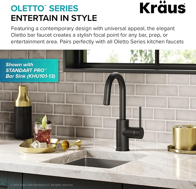 KRAUS Oletto Single Handle Kitchen Bar Faucet with QuickDock Top Mount Installation Assembly in Matte Black, KPF-2600MB